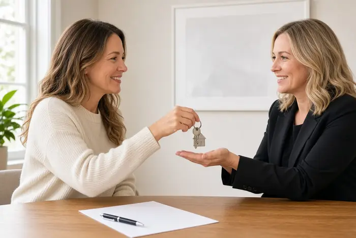 Woman handing over house keys at closing